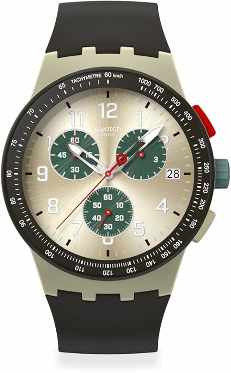 Swatch Chrono 42 Unisex Watch Dress Stainless Steel Beige Quartz Waterproof Obsidian Ink