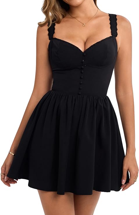Parthea Women's Summer Cute Corset Mini Dress Lace Spaghetti Strap Sweetheart Flowy A-line Gingham Short Dresses