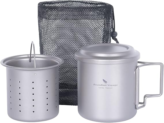Boundless Voyage Single Layer Titanium Cup Portable Camping Picnic Water Cup Mug with Foldable Handle Lightweight Tea Cup with Tea Filter 420ml/14.2 fl.oz(Ti3054D)