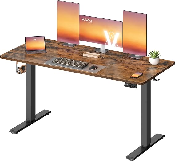 VASAGLE Electric Standing Desk, Height Adjustable Desk, Sedentary Reminder, 4 Memory Heights, for Home Office, 140 x 60 cm, Rustic Brown LSD314KD01