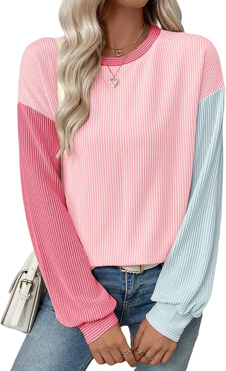 EVALESS Womens Long Sleeve Tops Fall Fashion 2026 Crewneck Color Block Ribbed Knit Casual Loose Fit Pullover Shirts
