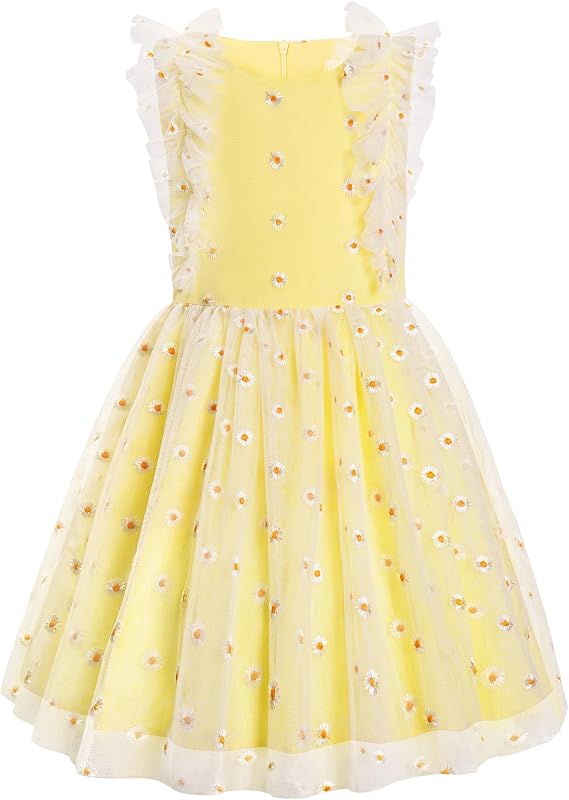 LQSZ Girls Birthday Dress Ruffled Sleeve Tulle Daisy Dress for Graduation Photo Shoots Vacation Outfit 3-12 Years