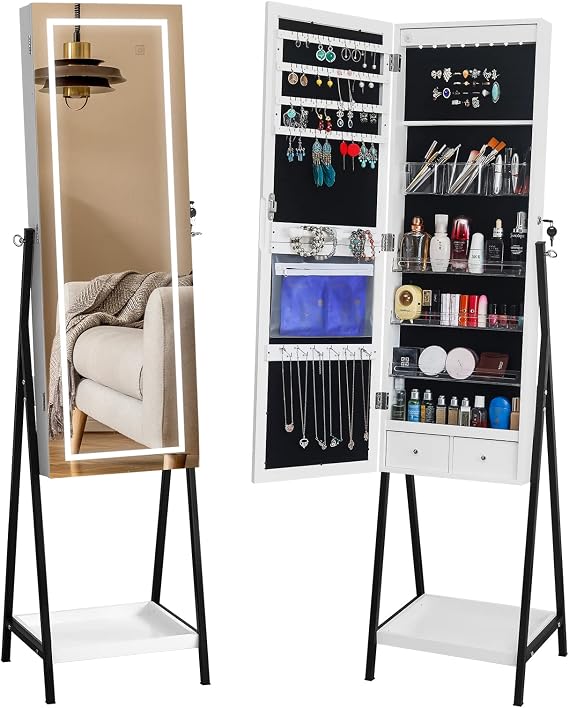 Freestanding Jewelry Box,LED Mirror Jewelry Cabinet Standing, Lockable Jewelry Armoire with Full-Length Mirror, Space-Saving Jewelry Organizer with Mirror, Drawer and Shelf, Gift Idea, White