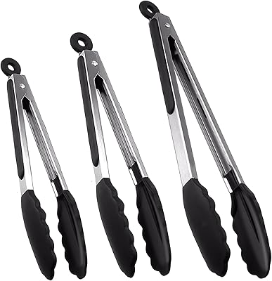 Gulex Kitchen Tongs, Set of 3 Silicone Tongs for Cooking, Stainless Steel Metal Food Tongs with Non-Stick Silicone Tips, for Food Grill, Salad, BBQ, Frying, Serving 7,9,12