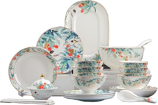 Fine Bone China Dinnerware Set, Porcelain & Ceramic Dinnerware Sets, Bone Stoneware & Ceramic Cookware Tableware Set Includes Dinner Plates|Spoons|Pasta Bowls (36PCS * 6-Person Set)