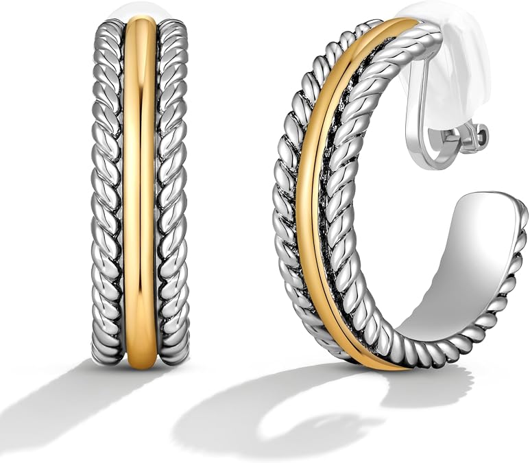 Gold and Silver Clip-On Earrings Two Tone Mixed Metal Clip-On Earrings Chunky Hoop Clip Earrings