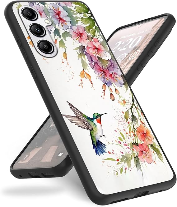Case for Samsung Galaxy A15 5G Phone Case,for Galaxy A15 5G Case,Slim Anti-Scratch Shockproof Durable Black Silicone Protective Cover Case for Samsung A15 5G,Hummingbird and Flowers