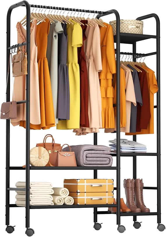 Korfile Portable Closets For Hanging Clothes,Wardrobe Closet Racks For Hanging Clothes,Sturdy Clothes Rack Heavy Duty,5-Tier Metal Freestanding Clothing Racks With Shelves, 45" X 16" X 69"