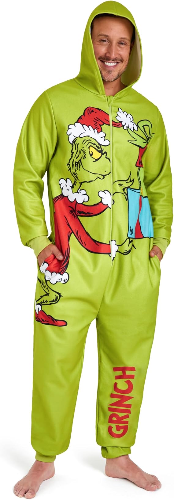 The Grinch Mens One-Piece Pajamas with Hood, Fleece Loungewear - Gifts for Him