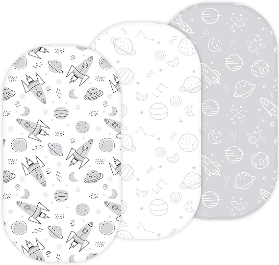 Bassinet Sheets for Baby Delight Snuggle Nest, Beside Me Doze, Snoo Smart, Fisher Price by TansyPanda, 3PC, 32 x 17 Inch, Ultra Soft, Breathable, Snug Fit, Unisex Boys, Girls (Space Rockets)