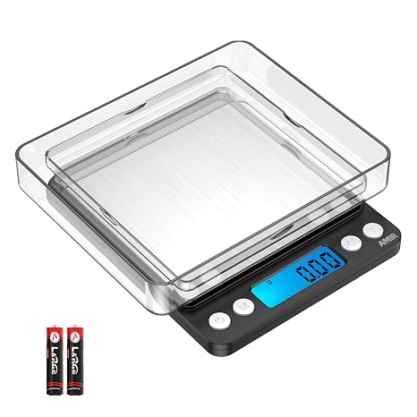 AMIR Digital Kitchen Scale, 500g/0.01g Mini Pocket Jewelry Scale, Cooking Food Scale with Backlit LCD Display, 2 Trays, 6 Units, Auto Off, Tare, PCS Function, Stainless Steel, Battery Included, Black