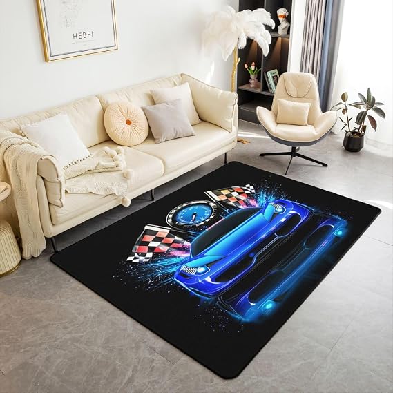 Boys Race Car Area Rugs 3x5 for Bedroom Living Room, Blue Racing Car Rug for Kids Boys Youth, Extreme Sports Carpet Runner Non Slip, Chic Glowing Automobile Indoor Floor Mat Home Room Decor
