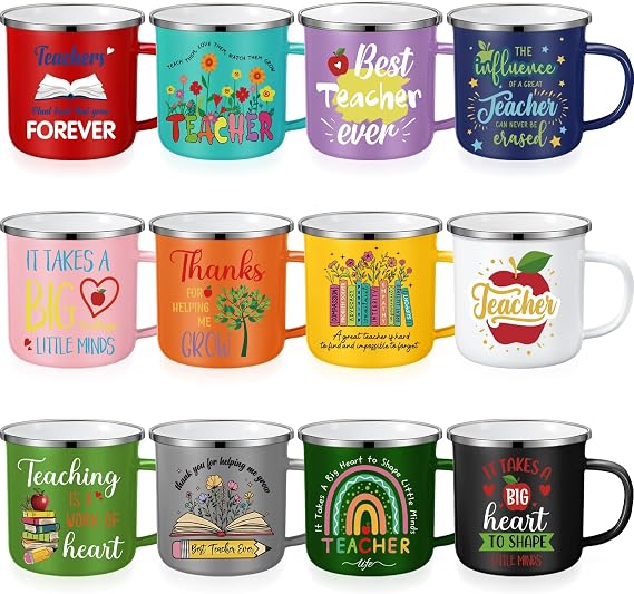 Zhehao 12 Pcs Teacher Appreciation Gifts Bulk Inspirational Enamel Coffee Mugs 12oz Christmas Teacher Gift from Students Thank You Xmas Cups Tumblers for Staff Coworkers Women Men