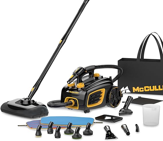 McCulloch Canister Steam Cleaner MC1375, 90 Minute Runtime, 20 Accessories, Jet Nozzle, Brushes, More - Steam Cleaner for Home, Tile, Carpet, Furniture, Personal Car Detailing