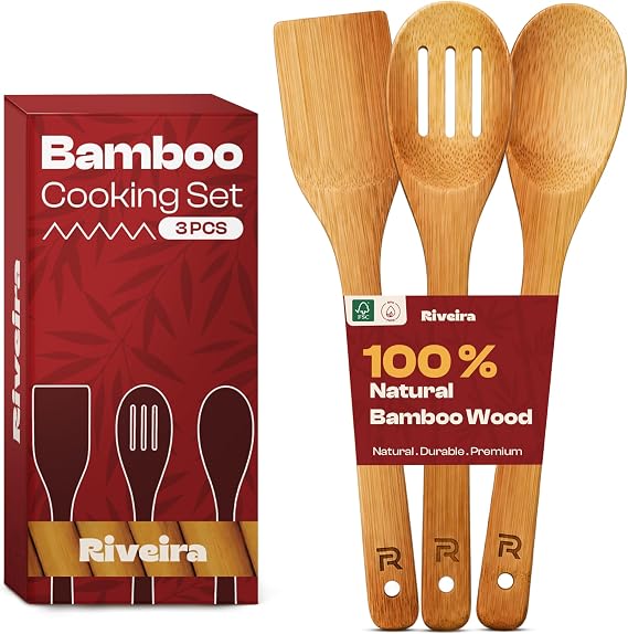 Riveira Bamboo Wooden Spoons for Cooking 3-Piece, Apartment Essentials Wood Spatula Spoon Nonstick Kitchen Utensil Set Premium Quality Housewarming Gifts for Everyday Use