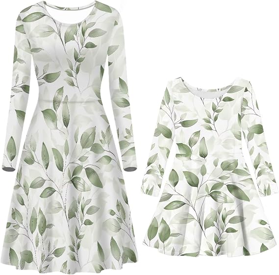 Mommy and Me Dresses Matching Mother Daughter Outfits Crewneck Dress for Fall Winter Spring Women's Casual Dresses
