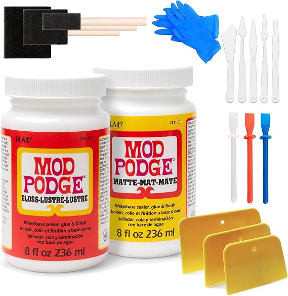Mod Podge Bundle, 8 Ounce Gloss and Matte Medium Waterproof Sealer, Pixiss Accessory Kit with Foam Brushes, Gloves, Glue Spreaders and More 8oz