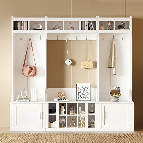 79''H Farmhouse Hall Tree with Bench and Shoe Storage, Entryway Bench with Coat Rack, 10 Shoe Cubbies & 10 Hooks and Cabinet Mudroom/Hallway Storage Cabinet, White