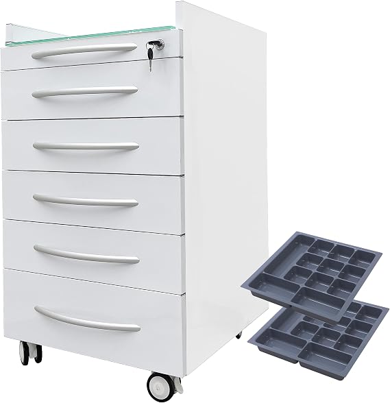 5 Drawer Medical Dental Assistant's Mobile Cabinet, Stainless Steel Rolling Storage Cart with Wheels and 2 Trays, Glass Countertop for Clinic Hospital