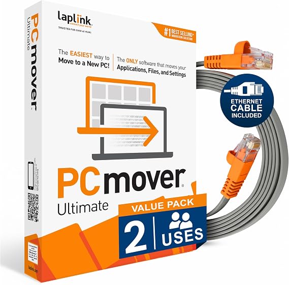 Laplink PCmover Ultimate 11 - Migration of your Applications, Files and Settings from an Old PC to a New PC - Data Transfer Software - With Optional High Speed Ethernet Cable - 2 Licenses