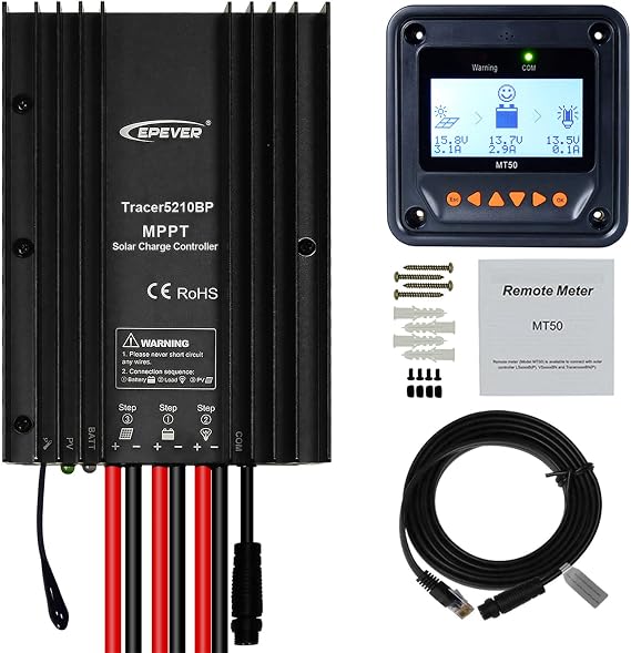 EPEVER MPPT Solar Charge Controller 20A 12V 24V Auto IP67 Waterproof Max PV 100V 260W/520W Solar Panel Charger Regulator for Sealed Gel Flooded Lithium User (MPPT 20A+MT50+RS485)