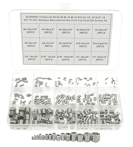 300PCS #2-56 to 3/8"-16 UNC 304 Stainless Steel SAE Internal Hex Drive Cup Point Set Screws Assortment Kit