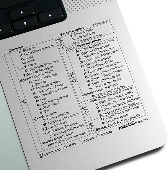 Mac OS Keyboard Shortcut Stickers, 50+ Shortcuts for 13-16" MacBook Pro & Air Sky Blue, Space Gray, Silver, Starlight Only, Residue-free Vinyl, Clear, Black Text, 10 Pack