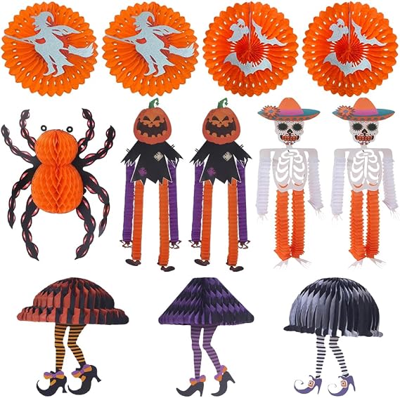 12Pcs Hanging Halloween Decorations Outdoor Indoor Large Folded Paper Lanterns 3D Spider, Jack-o'-Lantern, Witch's Skirt, Halloween Party Decor for Ceiling, Porch and Tree