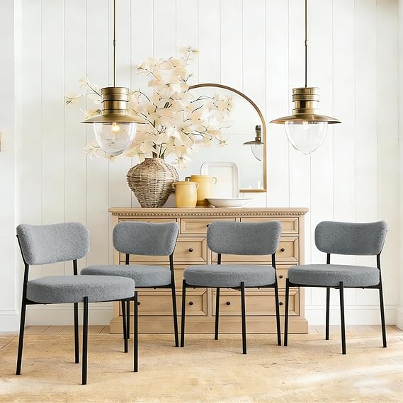 Boucle Dining Chair Set of 2, Mid Century Modern Upholstered Kitchen Chairs with Curved Backrest & Black Metal Legs, Round Dining Room Chairs, Gray