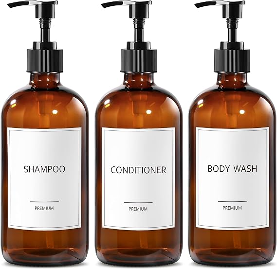 GMISUN Glass Shampoo and Conditioner Dispenser, 17oz Shower Soap Dispenser Bottles with Labels, Refillable Shampoo Conditioner Body Wash Dispensers, Amber Soap Pump Dispenser Set for Bathroom Shower