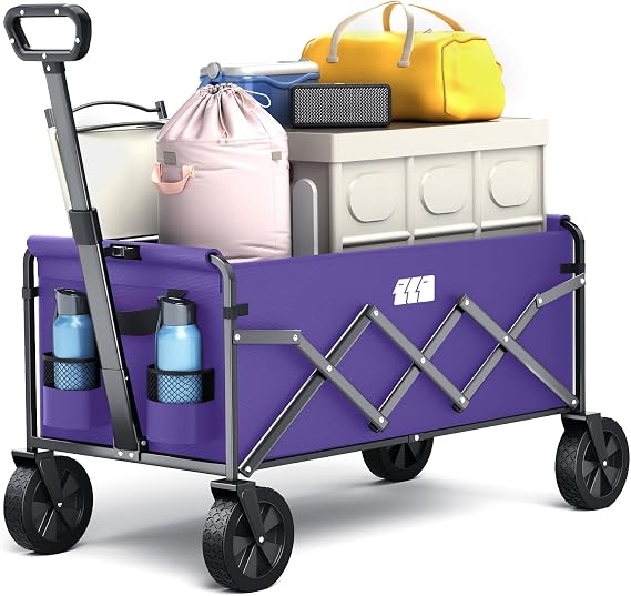 Collapsible Foldable Wagon, Foldig Cart with Wheel Heavy Duty with 180lbs Weight Capacity Lightweight Utility Camping Wagon for Groceries Garden Beach Sports Fishing (Purple)