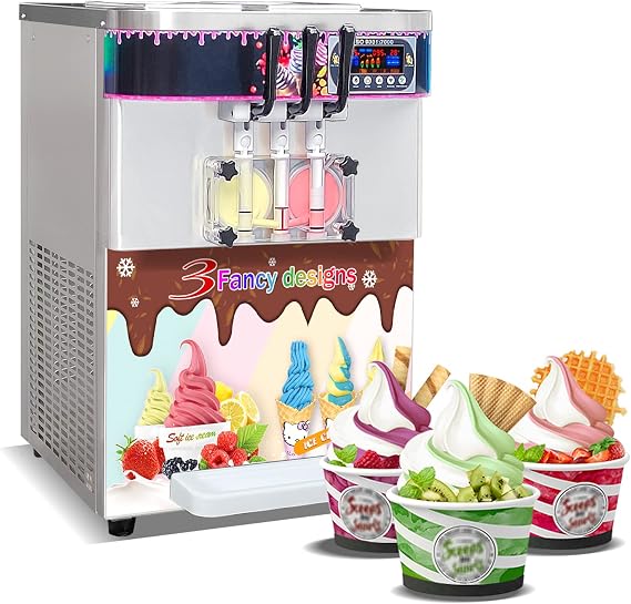 Kolice Commercial 3 flavors soft serve ice cream machine, yogurt ice cream maker, 2+1 mixed flavors, upper hoppers refrigerated, auto counting, auto washing | 110V 2000W