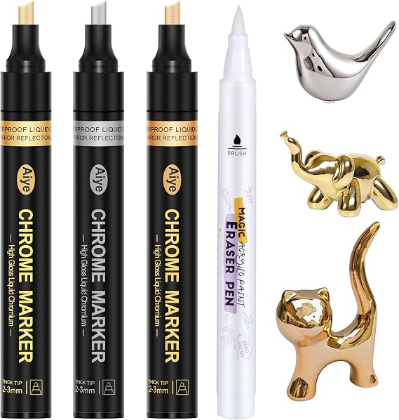 JDiction Mirror Chrome Markers 4 PACK, 3 Colors Permanent Metallic Markers & 1 Clean Pen, 2-5mm Large Application Area, High Gloss, Waterproof, Chrome Paint Marker for Crafts, DIY, Painting