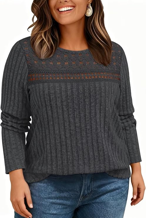 Plus-Size-Sweaters for Women Trendy Long Sleeve Lace Shirts Loose Lightweight Mesh Tops Casual Knit Pullover Tunics