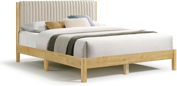 Homes: Inside + Out Evadne Modern Corduroy Queen Low Profile Platform Bed Frame with Channel Tufted Headboard and Wood Slats, No Box Spring Needed for Bedroom, Guest Room, Light Brown