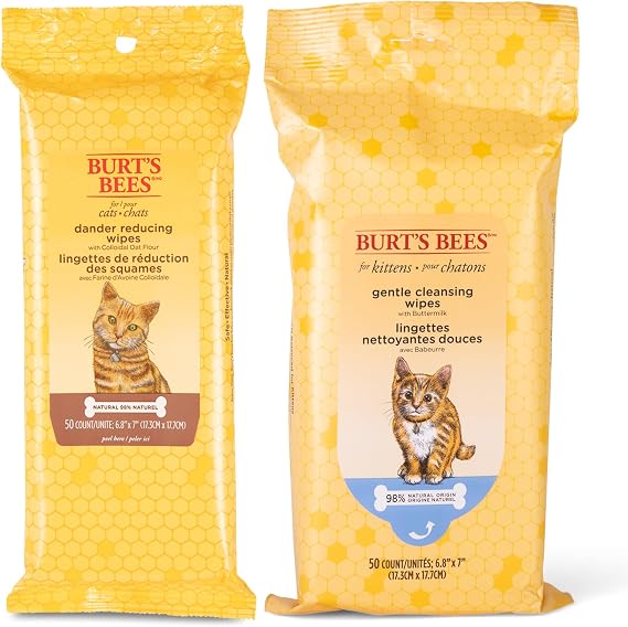 Burt's Bees for Pets Cat & Kitten Wipes Bundle - Dander-Reducing Grooming Wipes for Cats & Gentle Cleaning Wipes for Kittens, Naturally Derived, Sulfate-Free, Indoor Cat Essentials, 50 Ct Each
