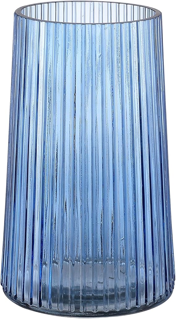 Blue Glass Vase for Flowers, Ribbed Vase, Flower Vases for Bouquet, Modern Glass Vases for Living Room, Bedroom, Dining Table, Office, Shelf, 20CM