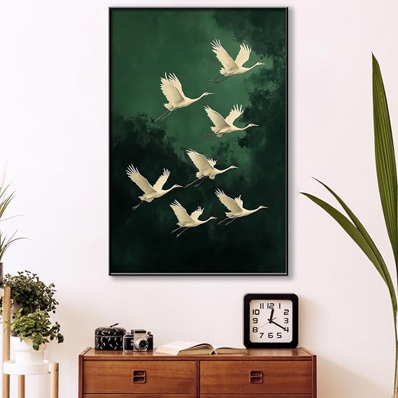Japanese Crane Green Canvas Wall Decor, Green and Gold Japanese Bird Painting Print, Cranes Japanese Picture Poster, Maximalist Wall Art Ready to Hang for Living Room (Black Framed, 24x36in|62x92cm)