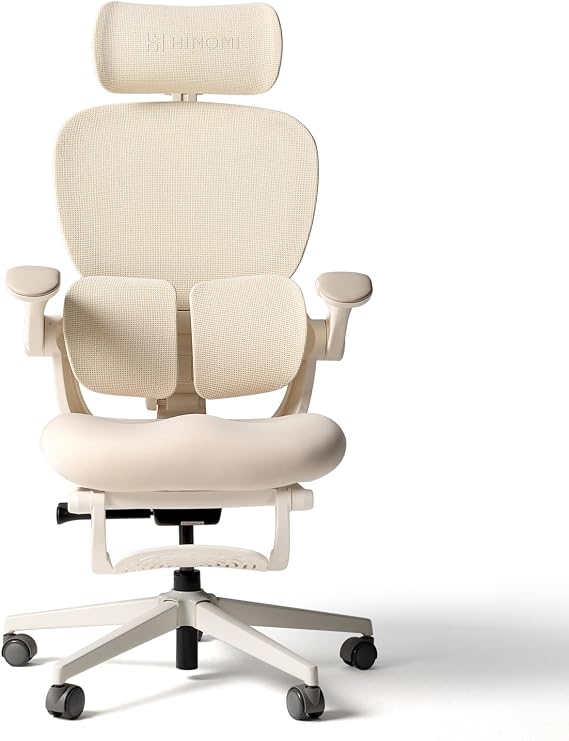 HINOMI Q2 Ergonomic Office Chair with Lumbar Support Adjustable Headrest Mesh Seat Folding Armrests Tilting with Footrest Stylish Model for Home Office & Study (Cream)