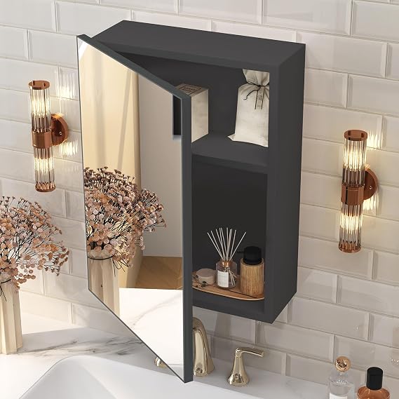 Black Medicine Cabinet for Bathroom, Farmhouse Recessed or Surface Wall Mounted Aluminum for Bathroom, Modern Pre-Assembled Storage Cabinet Mirror 16" W x 22" H