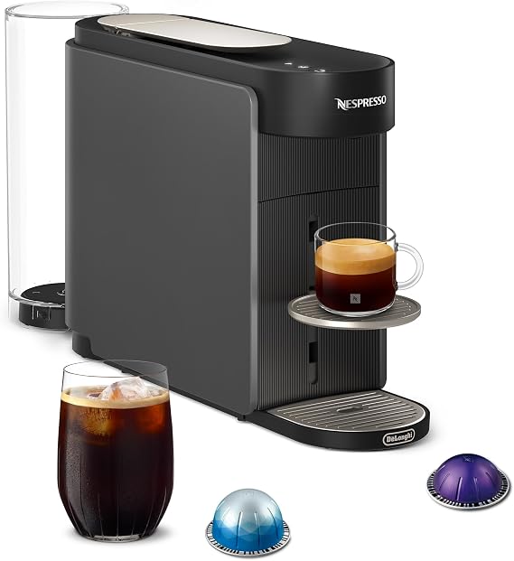 Nespresso Vertuo Up Coffee & Espresso Maker by De'Longhi, Grey | Graphite color coffee machine with 3 second start, 47 oz. multi-position water tank, iced coffee mode and app customization.