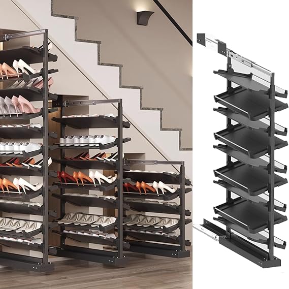 Pull-Out Shoe Rack Organizer for Closet Shoe Cabinet,Adjustable Height Retractable Metal Stackable Shoe Rack, Vertical Shelf Organizer for Small Bedroom Closet, Space Saving Storage, Black(53cm,9 Tier