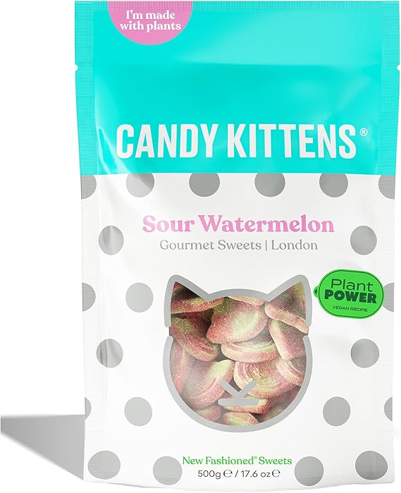 Candy Kittens Vegan Sweets Sour Watermelon – Plant-Based Vegan Treats with Fruity Flavour, No Nasties, Made with Real Fruit Juice – Ideal Snacks for Sweet Hampers & Pick and Mix - 500g Pack of 1