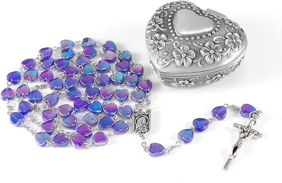 Rosary Beads for Girls with Rosary Box, Blue Crystal Heart Shaped Beads Necklace with Heart Shaped Vintage Jewelry Box, Christian Gifts for Women