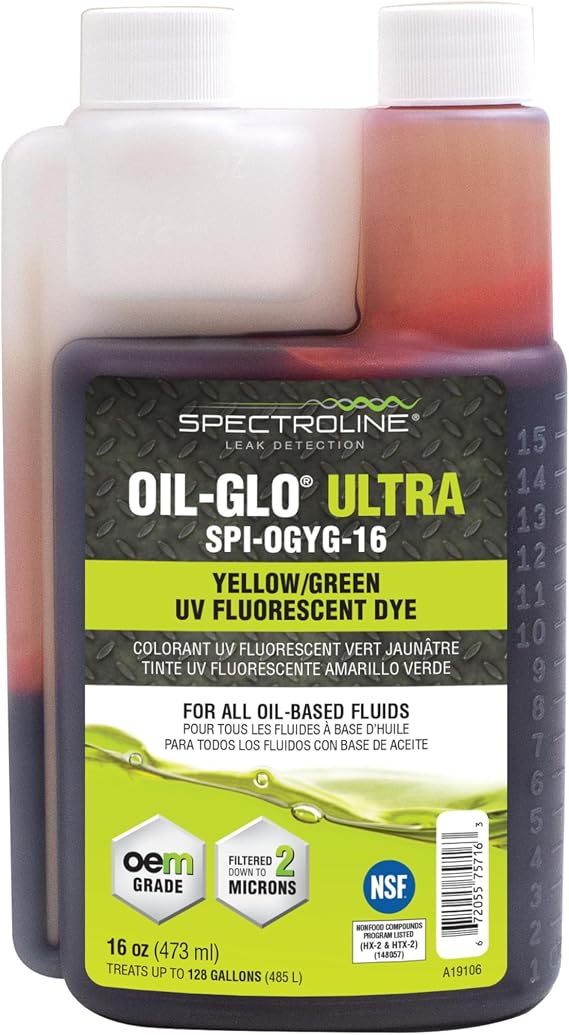 SPECTROLINE SPI-OGYG-16 Oil-GLO Ultra UV Yellow/Green Fluorescent Dye for Industrial Leak Detection in Oil-Based Fluids, 16 oz.