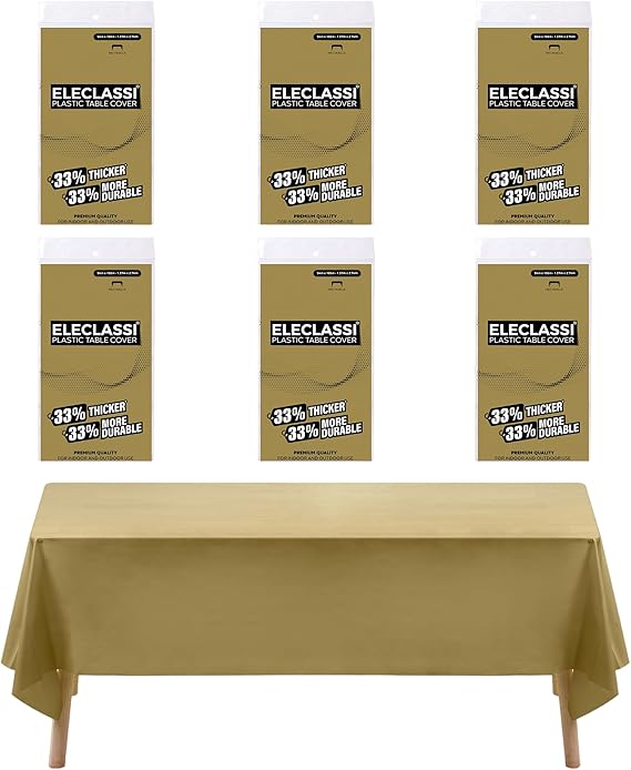 Eleclassi Gold 6 Pack Premium Disposable Plastic Tablecloth 54 x 108 in - Plastic Table Cloth Disposable Tablecloth for Rectangle Table Up to 8 Feet