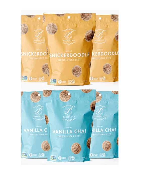 Bakeology Gluten Free Vegan Cookies | 6-5 oz Bags | 3 Bags of Each Flavor | Snickerdoodle, Vanilla Chai