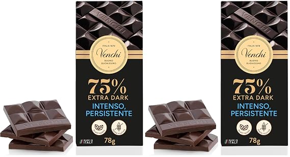 Venchi Cuor di Cacao 75% Extra Dark Chocolate Bar 3.52oz (Pack of 2)