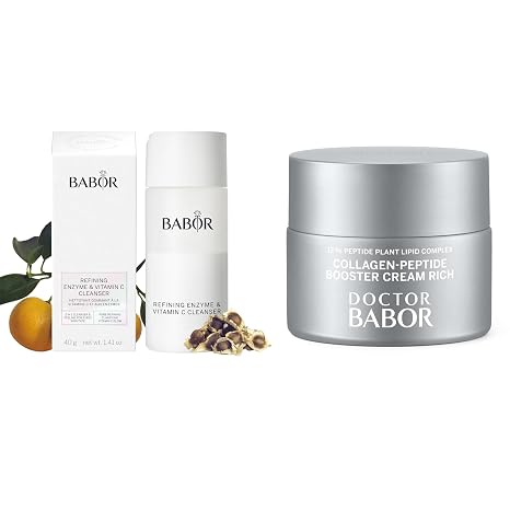 BABOR Luxury Face Routine - Collagen Peptide Booster Cream Rich - Refining Enzyme & Vitamin C Cleanser - Hydrate Skin & Even Complexion - 1.69oz / 2.82oz