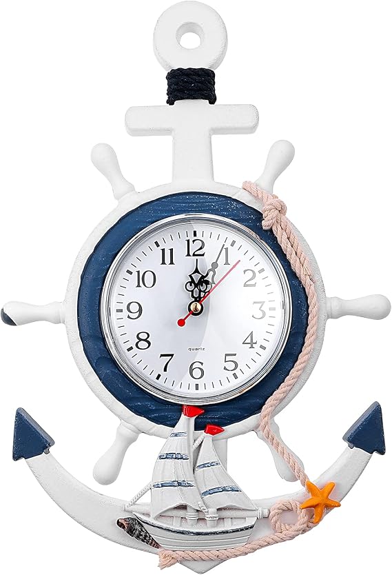 BESPORTBLE Nautical Wall Anchor Clock Beach Theme Ship Clock Coastal Wall Art Decoration Mediterranean Style Home Ornament for Indoor Outdoor Bedroom, Patio, Living Room, Garden, Bathroom